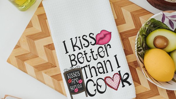 I kiss better than I cook cute towels for kitchen, throw pillow for couch, romantic gifts for girlfriend, cute Valentines gifts for wife