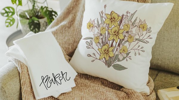 daffodil flower throw pillows for couch floral decorative pillows for bed, March birth flower gifts for mom, March kitchen towels for gifts