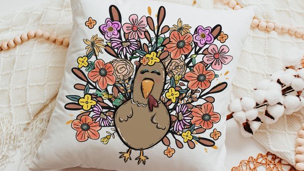 cute turkey throw pillows for fall floral accent pillows for living room, whimsical Thanksgiving decor home decor for family room, girly