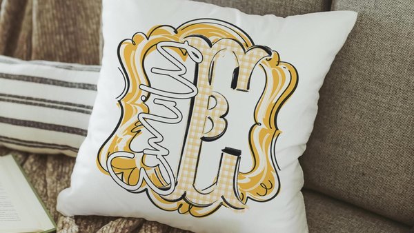 Personalized initial throw pillow for couch yellow gingham decorative pillows for girls, yellow home decor gift dorm decor, name pillow
