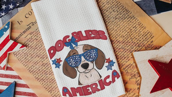 dog bless America beagle kitchen towel for drying dishes, red white and blue patriotic dog hand towel for bathroom, 4th of July beagle gifts