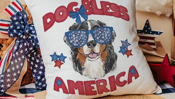 dog bless America 4th of July throw pillows for guest room, red white and blue patriotic dog gift for owner, Bernese mountain dog decor for