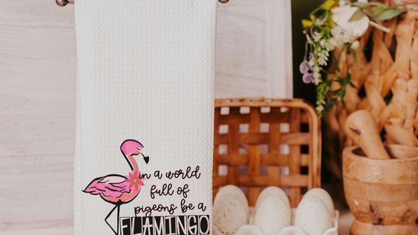 in a world full of pigeons be a flamingo kitchen towels for friends, flamingo Christmas gifts for beach lovers, secret Santa gifts for women