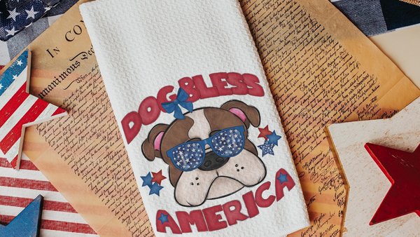 dog bless America 4th of July kitchen towel for bbq, red white and blue patriotic dog hand towel for gifting, bulldog dog gift