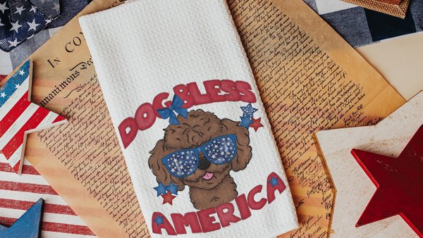 dog bless America patriotic kitchen towel for summer, unique dog mom gifts, toy poodle home decor, best gifts for dog lovers, 4th of July