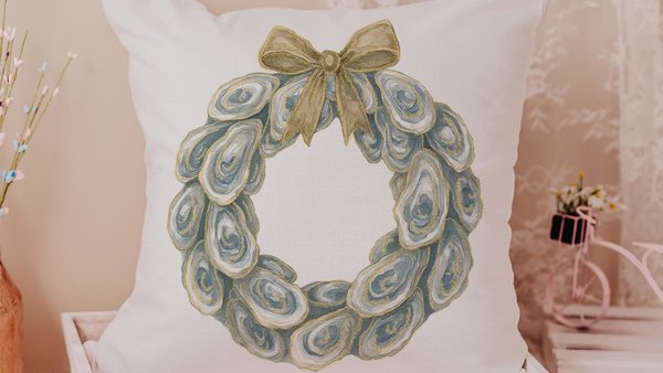 oyster shell wreath throw pillows for couch coastal decor for home, best gifts for her, summer pillow covers indoor porch decor, beachy gift