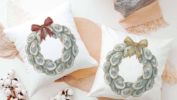 oyster shell spring wreath throw pillows for living room, oyster shell hand towels for bathroom beachy gifts for neighbors