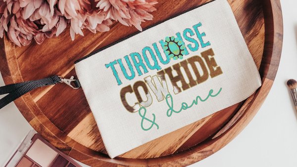 turquoise cowhide cosmetic bag for women, western makeup bag for purse, country bridesmaid gifts set of 6, western bridal shower favors best