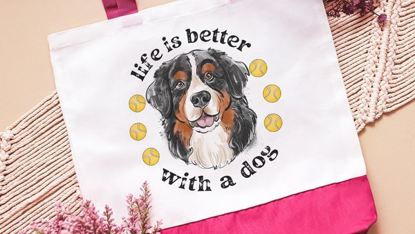 life is better with a dog tote bags for her, best gifts for dog lovers, tennis bags for women, unique dog mom gifts, Bernese mountain dog
