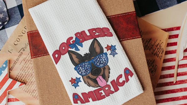 dog bless America 4th of July kitchen towel for bbq, red white and blue patriotic dog hand towel for gifting, German Shepherd dog gift