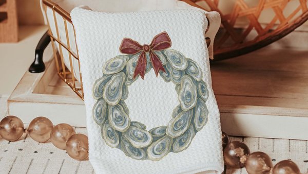 oyster shell wreath with bow kitchen towels for gifts, oyster decor, coastal hand towel for guest bathroom, beachy home decor gift for her