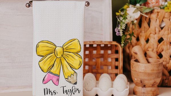 personalized pencil coquette bow kitchen towels for gifts, custom name hand towel for kitchen, cute teacher gifts for new teachers, pre k