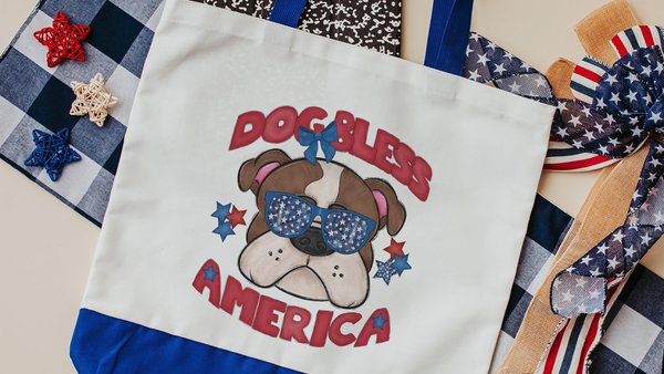 Dog bless America English bulldog tote bag for books, Bulldog mom patriotic bulldog gift for women, reusable grocery bag cute dog gifts