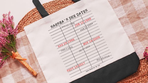 custom library due date print book lover tote bag with name, bookish Mothers day gift for wife, Mothering Sunday gifts, special date gifts