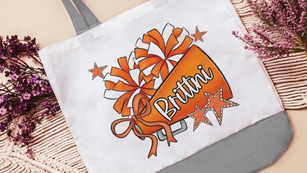 personalized cheerleader tote bag with name, orange school spirit cheer squad accessories, travel cheer bag for girls, cheerleader gifts