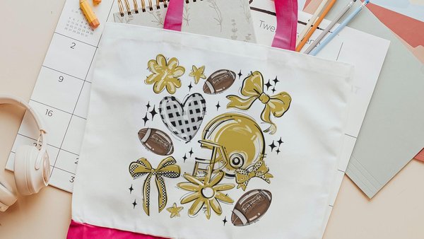 football coquette tote bag for college, gold school spirit items, high school football game day gifts, powderpuff football tote for games