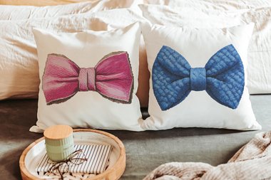 pink bow coquette throw pillow for kids, boy girl twin nursery decor, blue bow tie decorative pillows for boys, girl boy toddler twin gifts