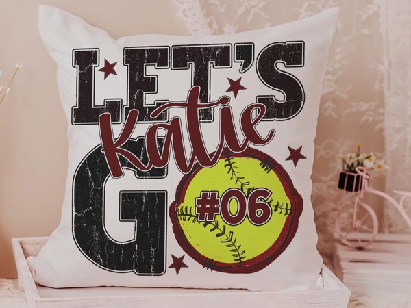 Personalized lets go softball pillow for daughter, maroon softball school spirit decor, cute softball gifts for player, team number