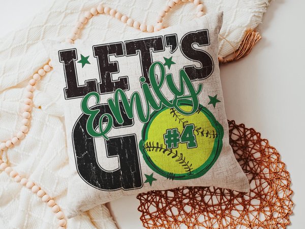 Personalized lets go softball pillow for daughter, kelly green softball school spirit decor, cute softball gifts for player, team number