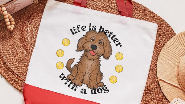 life is better with a dog labradoodle tote bag for dog lovers, doodle mom gifts, dog mom accessories, dog walking bag, labradoodle gifts