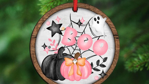girly goth coquette Halloween tree ornament handmade, boo basket tag ghost ornament wood, cute Halloween gifts for adults, pink pumpkin door