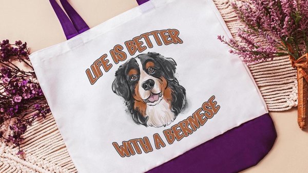 life is better with a dog bernese mountain dog tote bag for dog lover, bernese dog mom dog walking bag for women, cute dog gifts beach bag