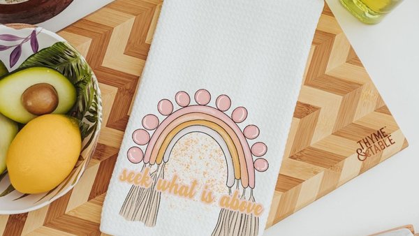 seek what is above faith kitchen towels for gifts, Colossians 3:1 Christian kitchen gifts for women, boho rainbow hand towels for guest bath