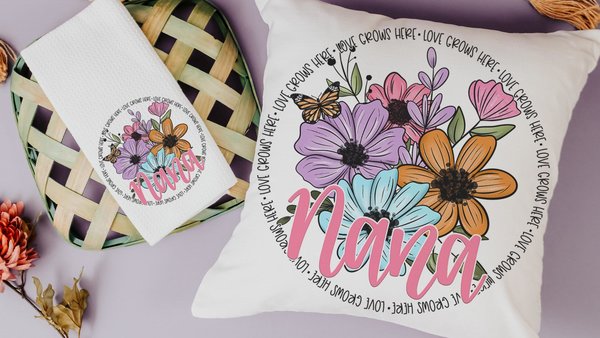 personalized love grows here pillows for grandma, Nana to be gifts, floral kitchen towel for Mom, Nana pillow cover 18 x 18, Mimi gifts from