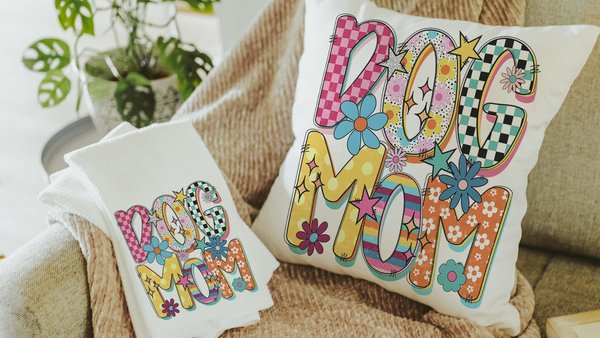 rainbow dog mom throw pillows for couch bright checkered dog kitchen towel for Mom, dog mama gifts, whimsical dog lover home decorations