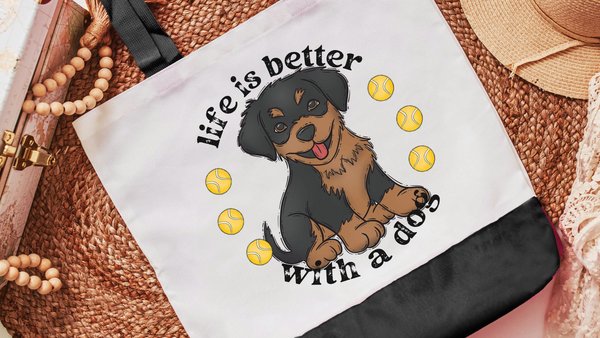 Life is better with a dog, rottweiler tote bag