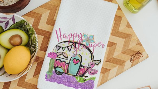 happy glamper funny kitchen towels for women, RV accessories for inside, cute camper hand towels for bathroom, glamping bachelorette party