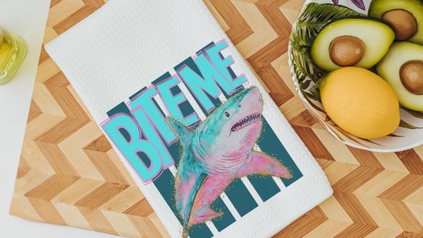 bite me funny kitchen towels for summer, beach house kitchen decor, shark bathroom decor, Chatham Cape Cod gifts, great white shark gifts