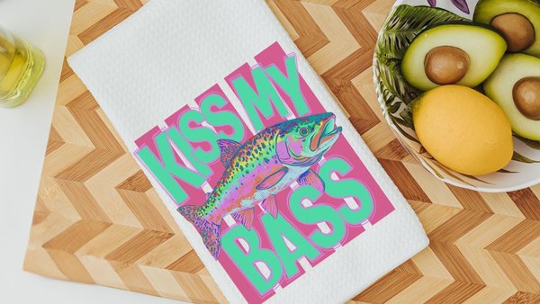 kiss my bass funny kitchen towels for summer, lake house bathroom decor, fishing gifts for Dad, fish kitchen decor, fisherman gifts for men