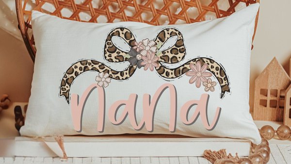 personalized blush pink nana throw pillow for bed, leopard print bow coquette pillow cover 12 by 20, mother in law mothers day gifts