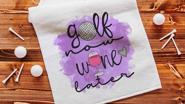 funny golf towel with grommet, golf now wine later golf bag towel for women, cute golf gifts for her, wine gifts for friends, ball towel