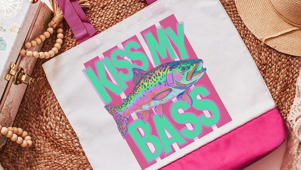 kiss my bass funny tote bag for women, lake bachelorette gifts for bridesmaids, fishing gifts for her, girls trip gifts beach bag for adults