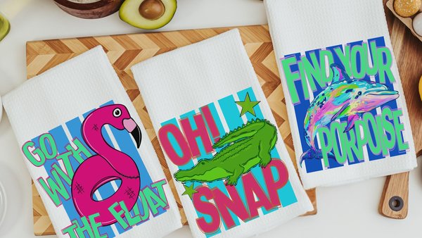 Go with the float funny hand towels, oh snap alligator bathroom decor, find your porpoise inspirational kitchen towels for summer, gifts