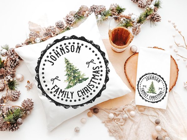 Personalized black stamp family name throw pillow & towel set