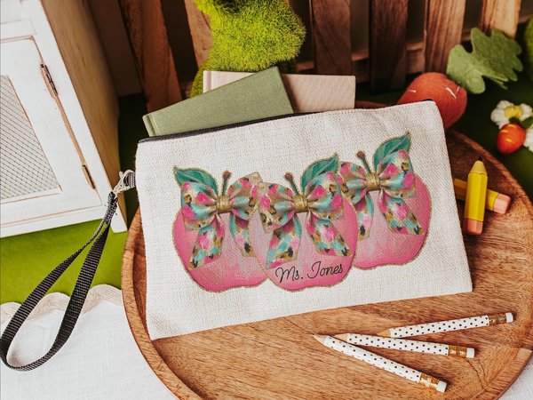 Personalized Apple Coquette Teacher Pencil Pouch, 9.5x6