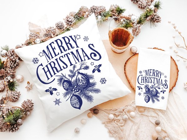 Vintage Merry Christmas throw pillow for sofa, Christmas housewarming gift for couple, farmhouse Christmas kitchen towel, navy Christmas