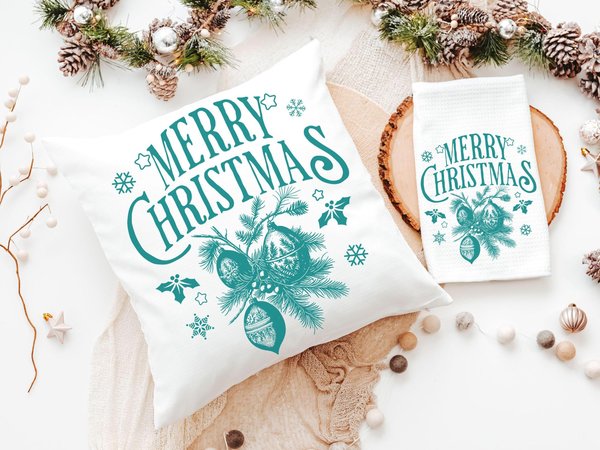 Vintage Merry Christmas throw pillow for sofa, Christmas housewarming gift for couple, farmhouse Christmas kitchen towel, teal Christmas