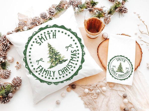 Personalized green stamp family name throw pillow & towel set