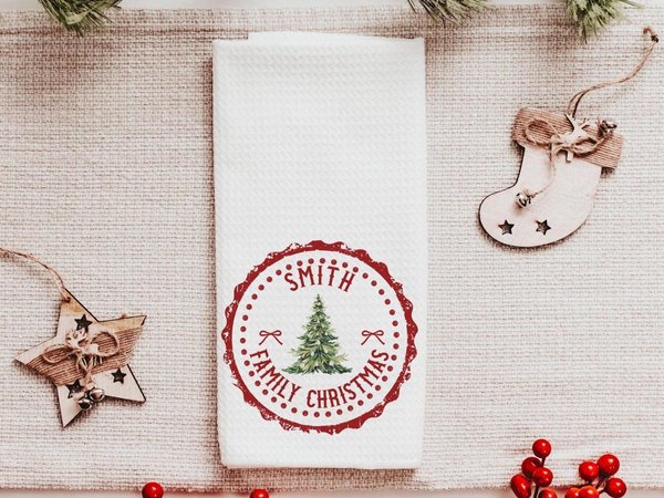 Personalized last name red Christmas kitchen towels for winter