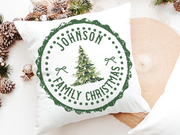 Personalized green stamp family name throw pillow for sofa