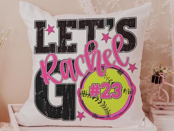 Personalized lets go softball pillow for daughter, pink softball school spirit decor, cute softball gifts for player, team number