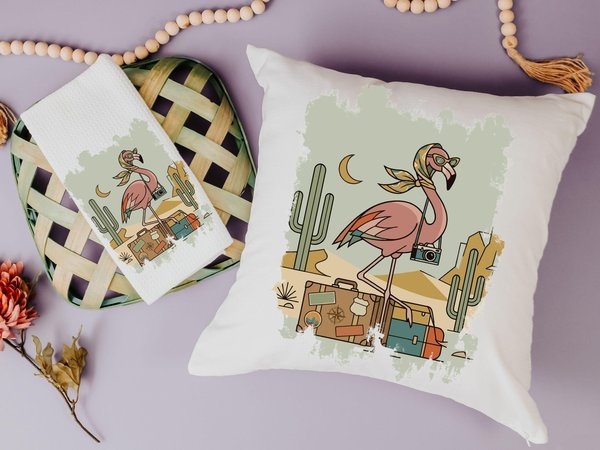 Retro travel flamingo throw pillows & towels vacation rental decor
