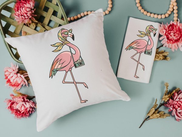 Retro travel boho flamingo throw pillows & towels for vacation home owner