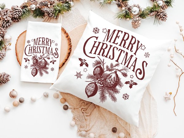 Maroon Merry Christmas throw pillow & towel for couple