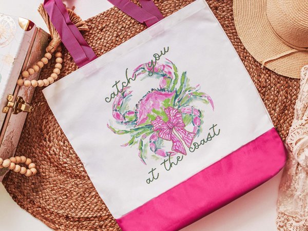 CapableByDesign pink watercolor catch you at the coast, crab beach bags