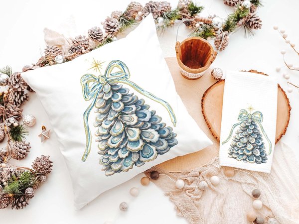 CapableByDesign oyster shell Christmas tree pillows and matching towels